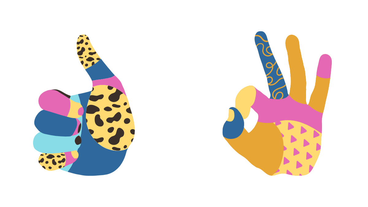 two multicoloured hands showing "yes" thumbs up and the hand sign for "OK" to indicate consent